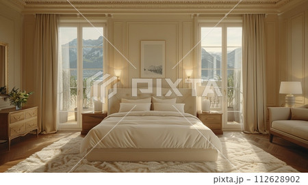 AI-generated content. Understated luxury hotel suite with subtle textures and neutral tones8K 112628902