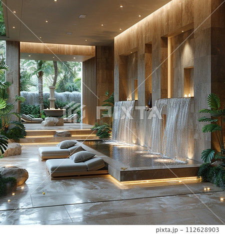 AI-generated content. Luxurious spa reception with water features and tranquil music8K 112628903