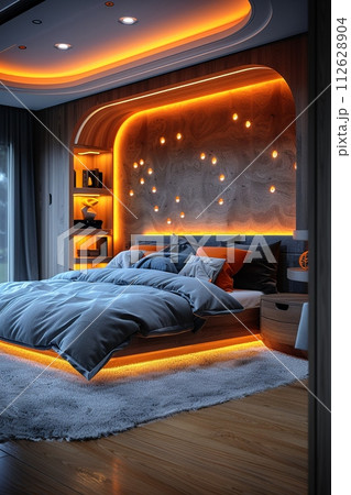 AI-generated content. Futuristic bedroom with dynamic lighting and modular furniture8K 112628904