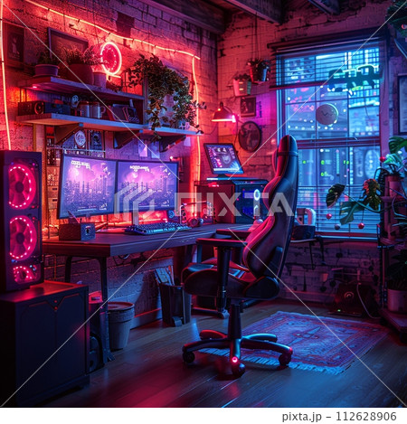 AI-generated content. Cyberpunk gaming den with neon lights and high-tech setupsHyperrealistic 112628906