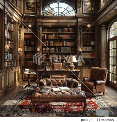 AI-generated content. Vintage-inspired study with leather-bound books and a classic writing deskHyperrealistic 112628909