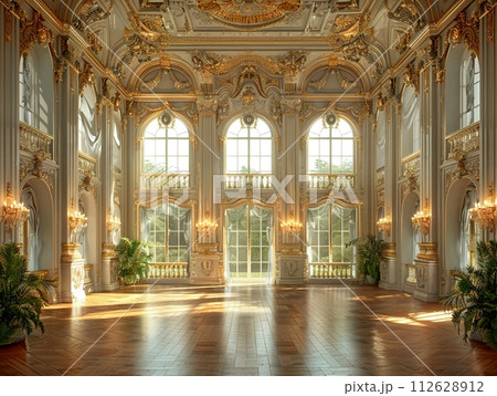 AI-generated content. Regal ballroom with ornate details high ceilings 112628912