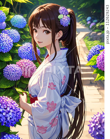 浴衣女性とあじさいのイラスト素材 [112629243] - PIXTA