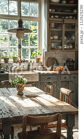 AI-generated content. Rustic farmhouse kitchen with a large wooden table and antique fixturesHyperrealistic 112629290