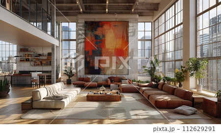 AI-generated content. Contemporary artist loft with skylights and an open floor plan8K 112629291