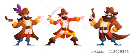 Pirates characters set. The pirate holds a compass and shows the direction, raises his blade to the top and points forward, holds a pistol in a brutal and treacherous pose. Cartoon vector. Pirates characters set. The pirate holds a compass and shows the direction, raises his blade to the top and points forward, holds a pistol in a brutal and treacherous pose. Cartoon vector. 112629348