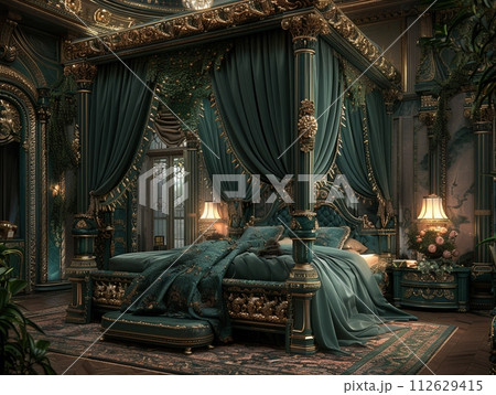 AI-generated content. Opulent bedroom with a velvet canopy bed and gold decorative elementsHyperrealistic 112629415
