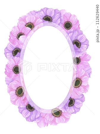 Hand drawn watercolor pink and purple anemone flowers frame border card isolated on white background. Can be used for post card, poster and other printed products. 112629440