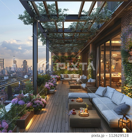 AI-generated content. Contemporary rooftop terrace with comfortable lounging areas and city viewsHyperrealistic 112629528