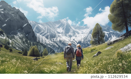 AI-generated content. senior couple hiking high in the mountains, generative ai 112629534