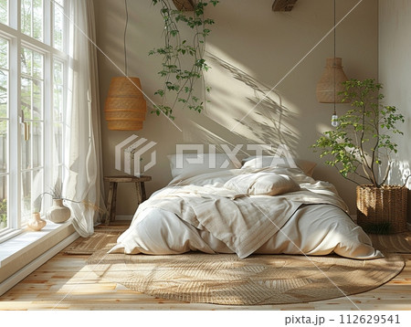 AI-generated content. Scandinavian-inspired bedroom with clean lines and a neutral color paletteHyperrealistic AI-generated content. Scandinavian-inspired bedroom with clean lines and a neutral color paletteHyperrealistic 112629541