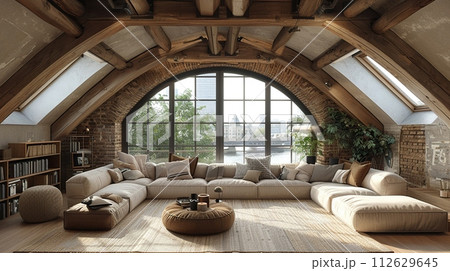 AI-generated content. Parisian attic apartment with exposed beams and chic decor8K 112629645
