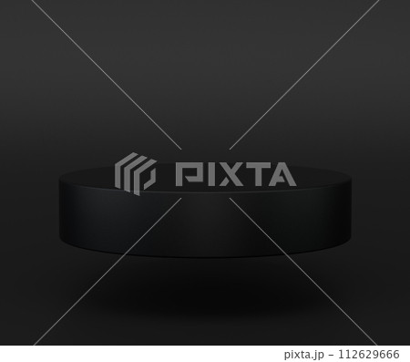 Minimalist black geometric pedestal for product display. Abstract black background. Blank mockup template. Cylinder shape. Empty stage. Minimalist black geometric pedestal for product display. Abstract black background. Blank mockup template. Cylinder shape. Empty stage. 112629666
