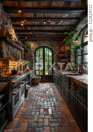 AI-generated content. Italian villa kitchen with terracotta tiles and a rustic stone ovenHyperrealistic 112629712