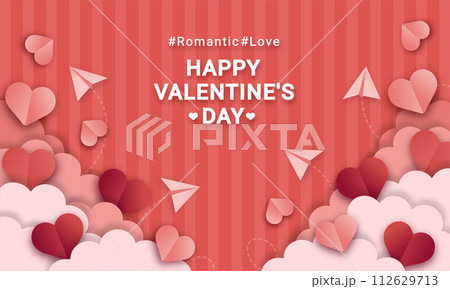red background with clouds and hearts in paper style vector 112629713
