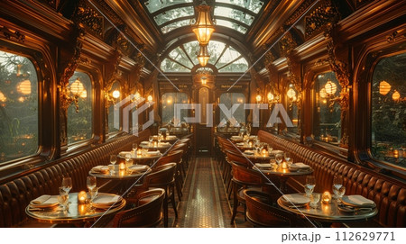 AI-generated content. Vintage train car dining experience with period details and intimate seatingHyperrealistic 112629771