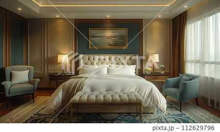 AI-generated content. Understated luxury hotel suite with subtle textures and neutral tones8K AI-generated content. Understated luxury hotel suite with subtle textures and neutral tones8K 112629796