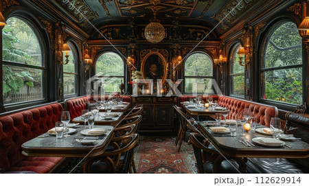 AI-generated content. Vintage train car dining experience with period details and intimate seatingHyperrealistic 112629914