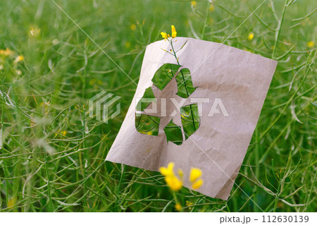 recycling logo, promoting environmental awareness. Eco sign. Cut paper with the logo of recycling on rapeseed. Recycling concept. Pollution of the planet. Out of focus recycling logo, promoting environmental awareness. Eco sign. Cut paper with the logo of recycling on rapeseed. Recycling concept. Pollution of the planet. Out of focus 112630139