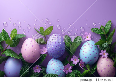 AI-generated content. Easter eggs, green leaves and water drops against lavendery background. empty space. easter banner AI-generated content. Easter eggs, green leaves and water drops against lavendery background. empty space. easter banner 112630401