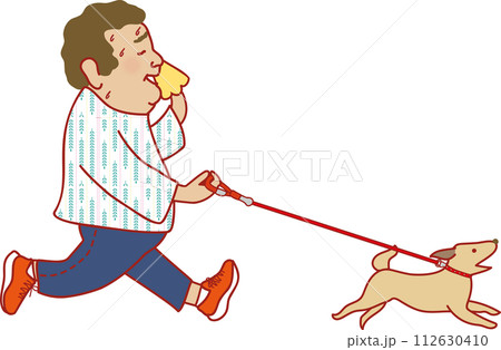 かわいいおじさんシリーズ_犬の散歩をする太ったおじさん 112630410