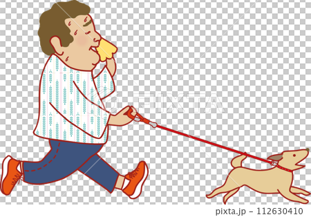 かわいいおじさんシリーズ_犬の散歩をする太ったおじさん 112630410