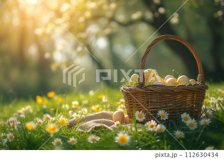 AI-generated content. Wicker basket with Easter eggs in green grass against flower meadow. Space for text. Easter card 112630434
