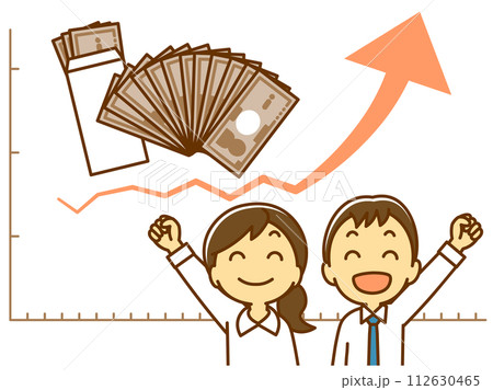 昇給に喜ぶ会社員の男女と給料袋・紙幣のイラスト（カラー） 112630465