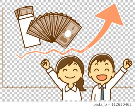 昇給に喜ぶ会社員の男女と給料袋・紙幣のイラスト（カラー） 112630465