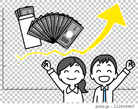 Illustration of male and female office workers who are happy with their salary increase, salary bags and banknotes (single color) 112630467