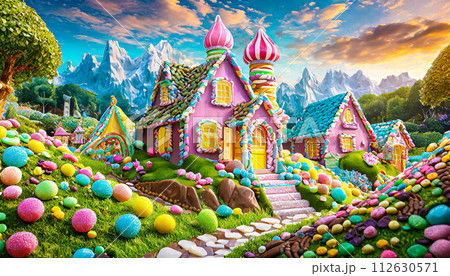 Candyland wonderland fantasy, sweet and magical world, candy house  112630571