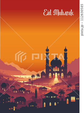 Silhouette of a village with a mosque in the center during Eid Mubarak at sunset 112630585