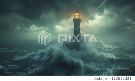 Lighthouse Standing Strong in Stormy Ocean Lighthouse Standing Strong in Stormy Ocean 112631321