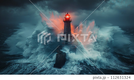 Lighthouse Standing Strong in Stormy Ocean Lighthouse Standing Strong in Stormy Ocean 112631324