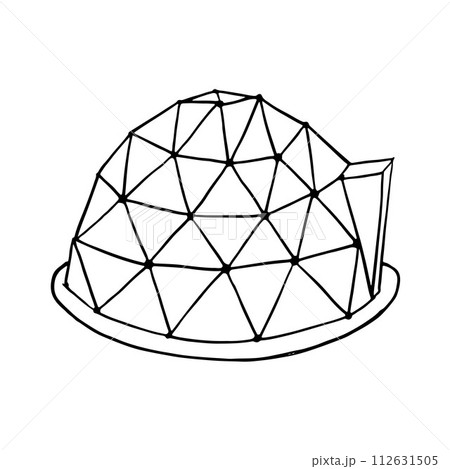 geodesic dome made of glass. Touristic hand drawn colored icon for glamping vacation. Flat line style glamping travel logo. Vector illustration. geodesic dome made of glass. Touristic hand drawn colored icon for glamping vacation. Flat line style glamping travel logo. Vector illustration. 112631505