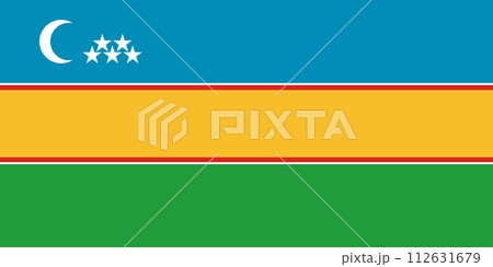 Flag of Karakalpakstan (Republic of Uzbekistan) horizontal bands of blue, yellow, and green separated by a narrow red and white band, in the blue stripe, are a white crescent moon and five white stars 112631679