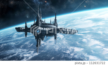 A large, futuristic space station orbiting above the Earth. Stars and distant on the space background, illuminating scene with serene yet enigmatic ambiance. Concept for low Earth orbit space station 112631722