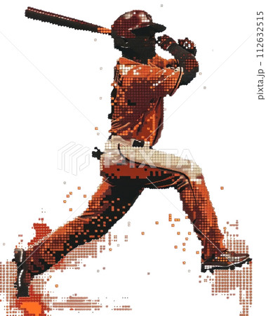 Dynamic pixel-art baseball player in mid-swing 112632515