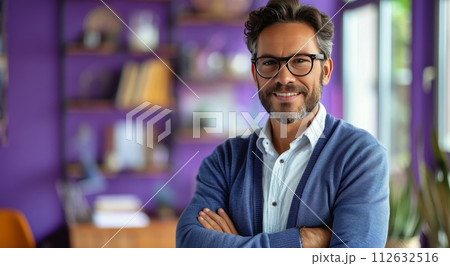 Man With Glasses Standing in Front of Purple Wall 112632516