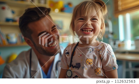 Little Girl Sitting in Chair Next to Man 112632563