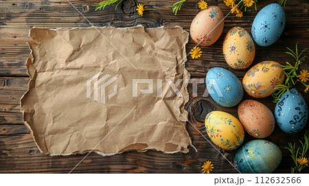 Old Paper Surrounded by Painted Eggs and Flowers 112632566