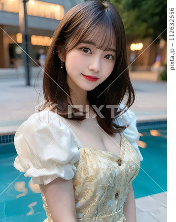 ホテルのプールで優しく微笑むロングヘアの女性 112632656