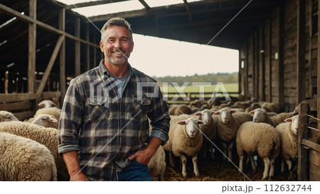 Happy male farmer in plaid shirt with sheep in barn on farm. Happy male farmer in plaid shirt with sheep in barn on farm. 112632744