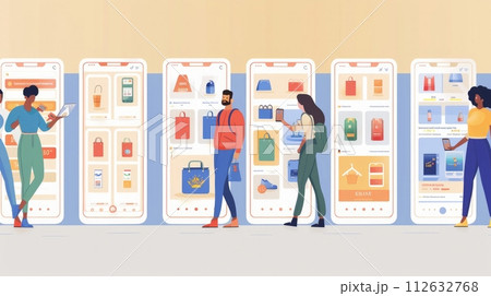 Illustration of a diverse group of shoppers browsing through virtual aisles on a digital marketplace platform 112632768