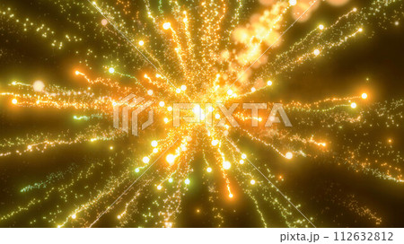 Yellow festive bright energy magical fireworks salute explosion with light rays lines and energy particles. Abstract background Yellow festive bright energy magical fireworks salute explosion with light rays lines and energy particles. Abstract background 112632812