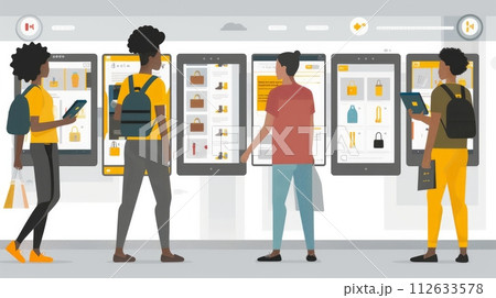 Illustration of a diverse group of shoppers browsing through virtual aisles on a digital marketplace platform 112633578