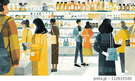 Illustration of a diverse group of people shopping, stylised, dynamic 112633580