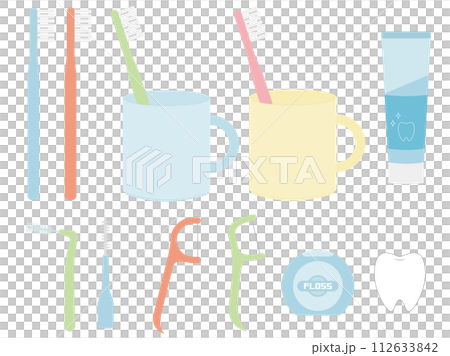 Illustration set of toothbrush, toothpaste, interdental brush and floss flat design 112633842