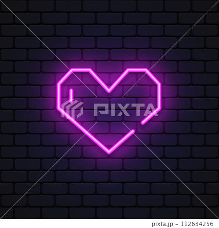 Bright heart. Neon sign. Retro neon heart sign on purple background. Design element for Happy Valentine's Day. Vector illustration Bright heart. Neon sign. Retro neon heart sign on purple background. Design element for Happy Valentine's Day. Vector illustration 112634256