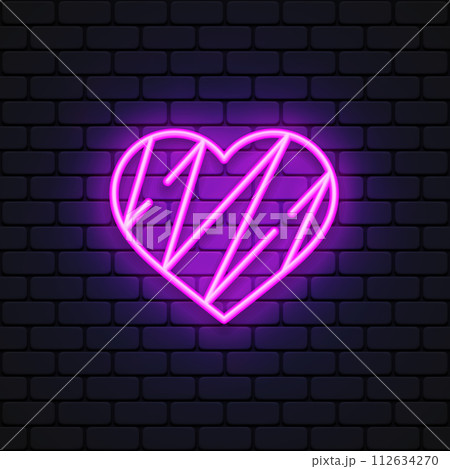 Neon heart sign. Vector glowing valentine day holiday decoration love symbol. Electric bulb vintage retro banner. Vector illustration 112634270